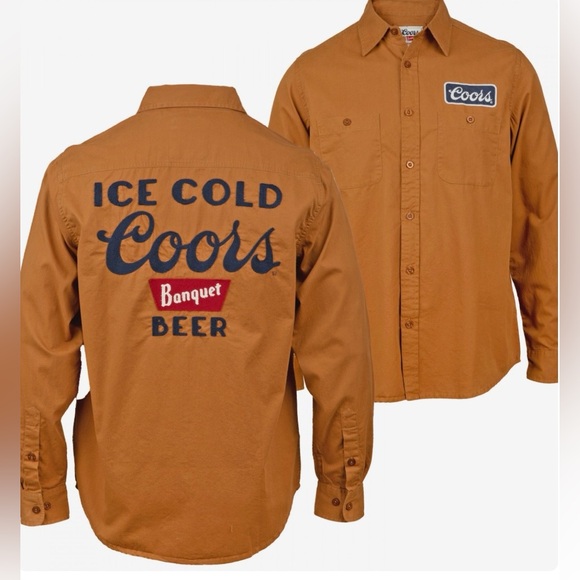 Coors Banquet Beer Shirt Long Sleeve Brown Button Up Collared Men’s Size Small - Picture 2 of 9
